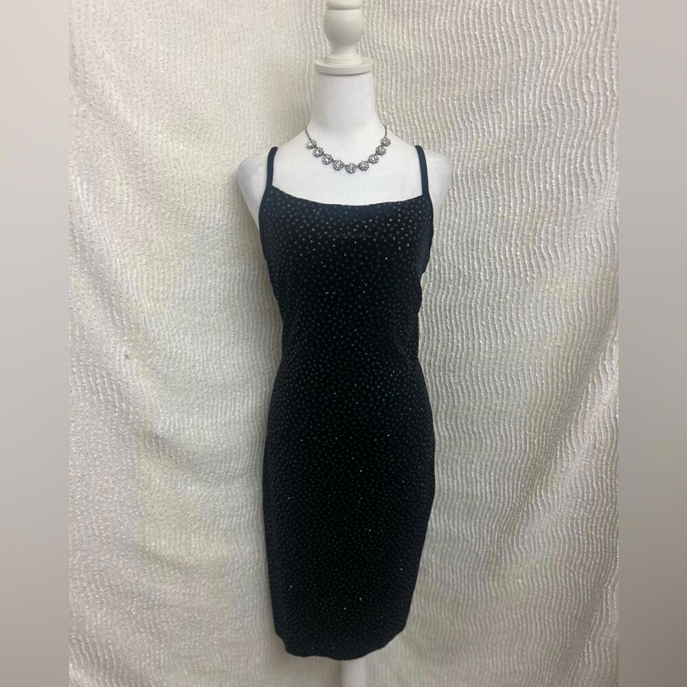 Jessica McClintock Velvet Dress 9 Black Sparkle Polka Dot Open Back Vintage